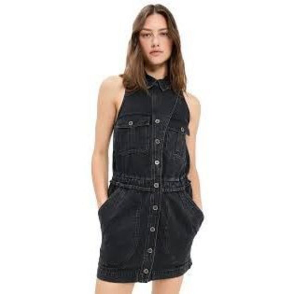 Marant Étoile Norrine Denim Utility Shirt Dress Vintage Black Sleeveless Size 40